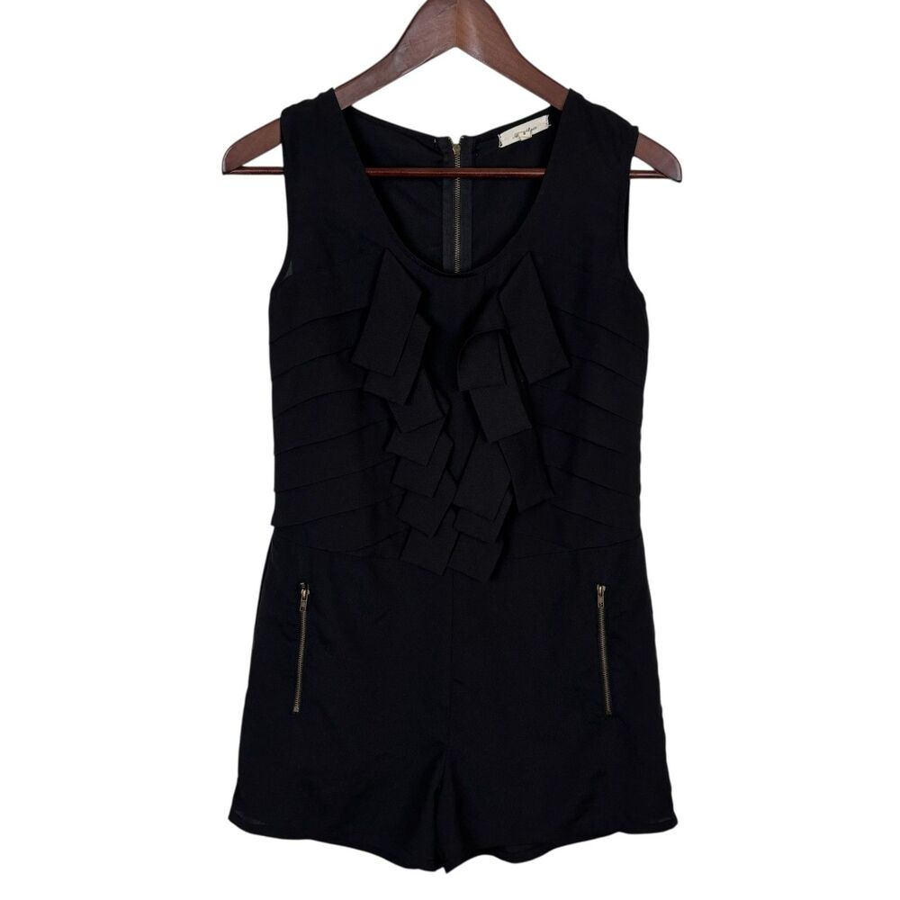 Sweet Rain Black Romper Zipper Pockets Women's Small Ruffle front